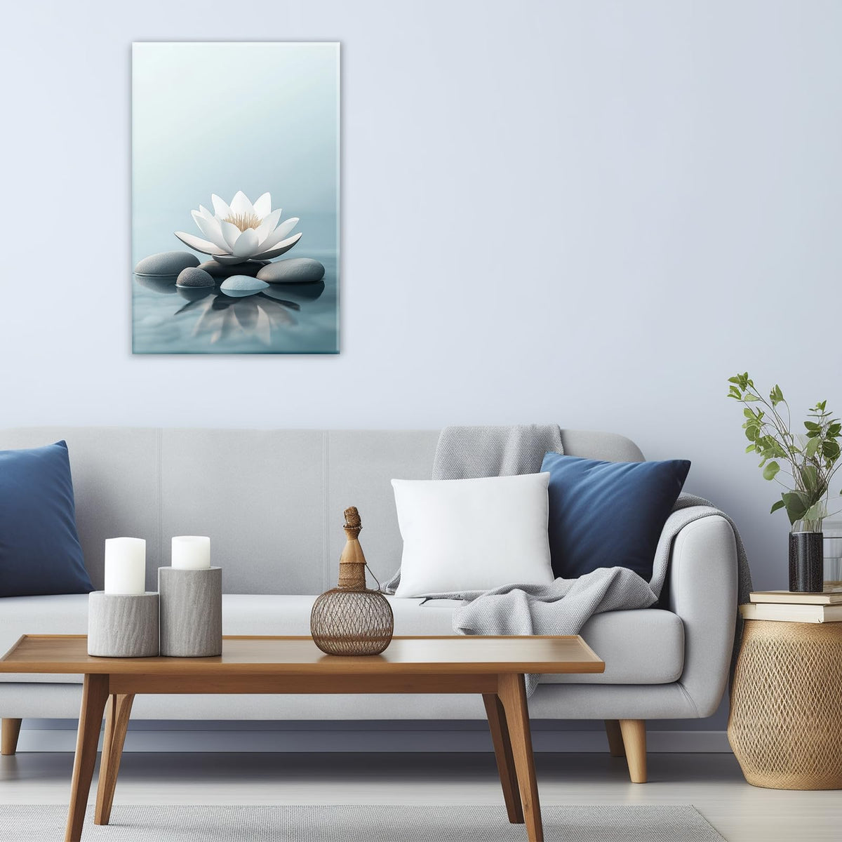 White Lotus Canvas Wall Art Spa Stone Picture Print Lotus In Water Poster Blue Zen Tranquility And Relaxation Painting Framed Artwork Ready To Hang (Artwork-3 / 18"L x 12"W)
