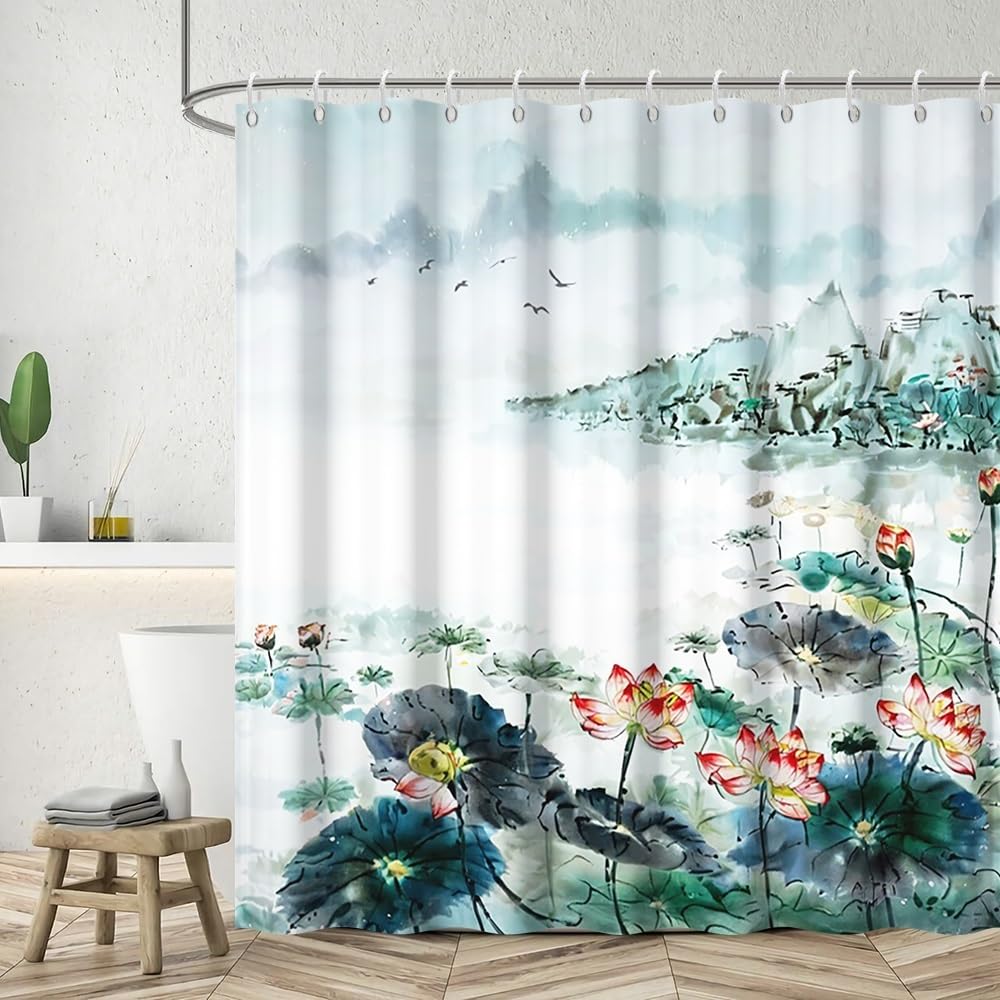 Watercolor Lotus Shower Curtain Chinese Pastoral Landscape Ink Painting Lotus Bathroom Curtains Flower Plant Mountain River Wild Goose Green Fabric Shower Curtain Set with Hooks 54x72 Inch (54"W x 72"L (Pack of 1) / Green-14)