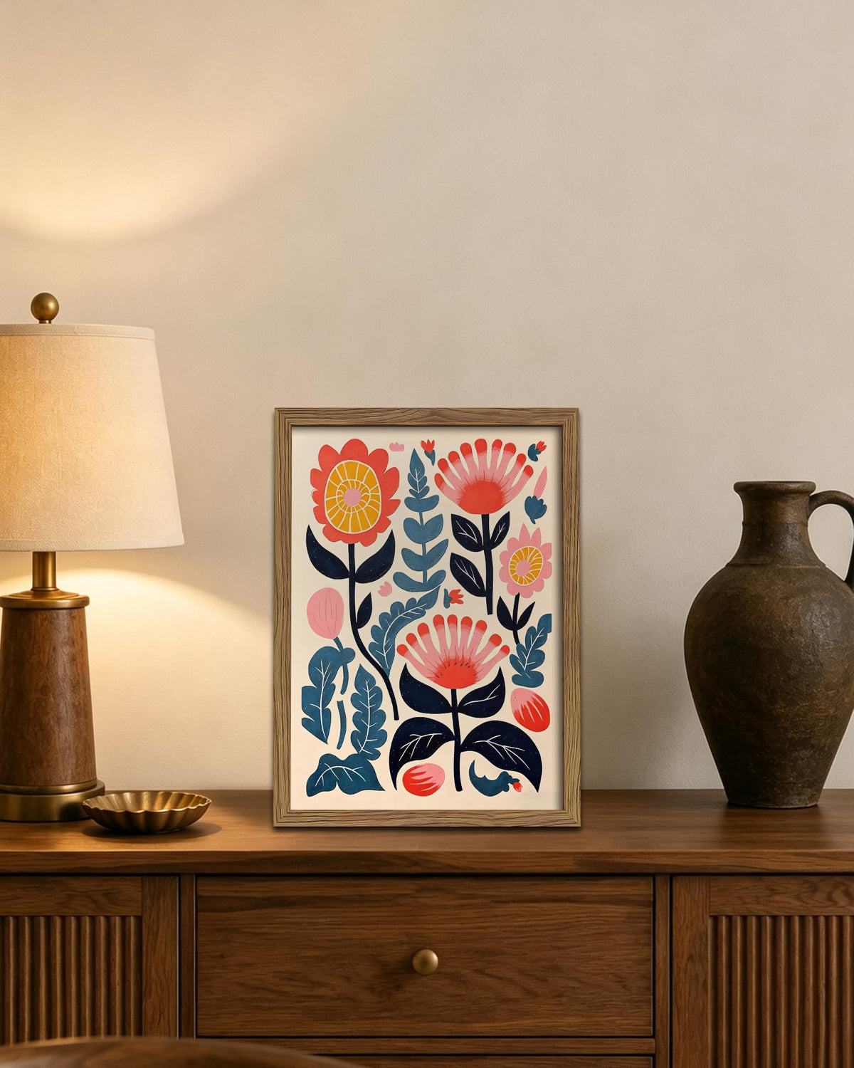 Framed Scandinavian Floral Canvas Wall Art (A-Bohemian Flower / 16"L x 12"W)