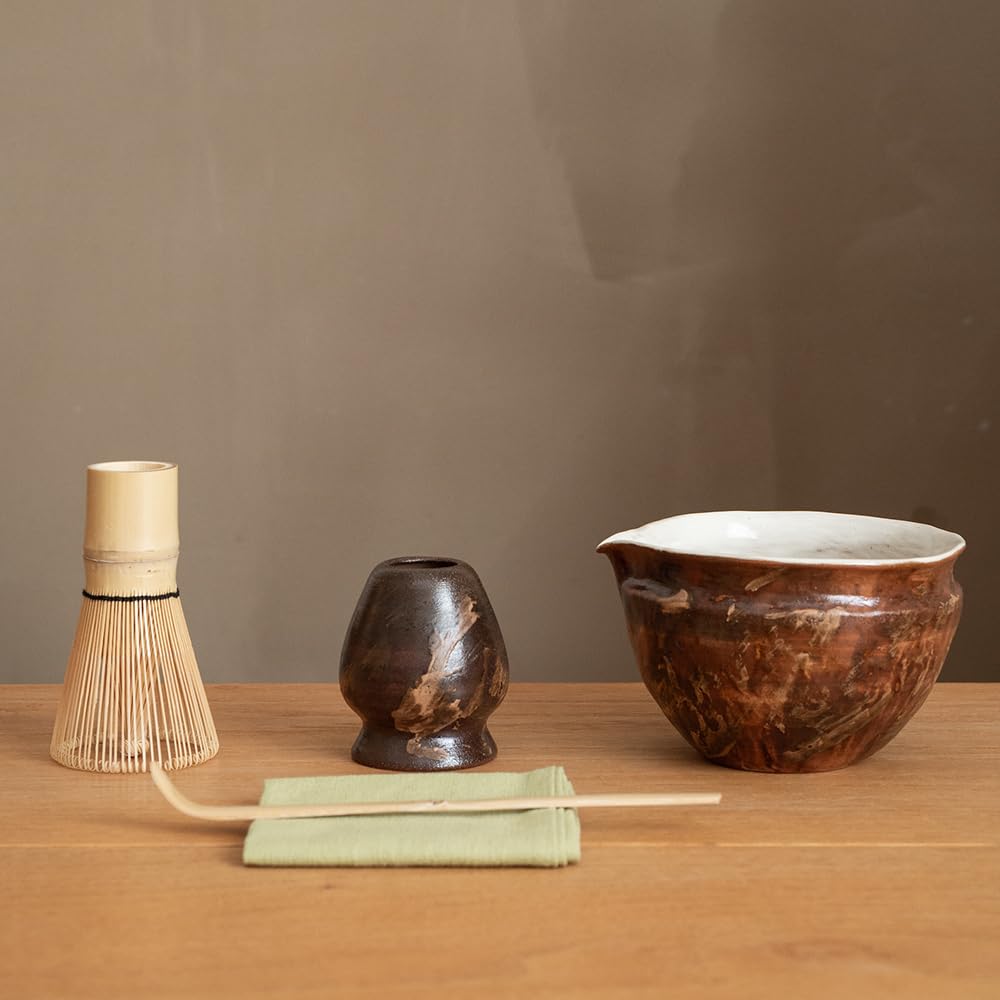 Matcha Set with Handmade Ceramic Bowl & Bamboo Whisk (Dark Brown)