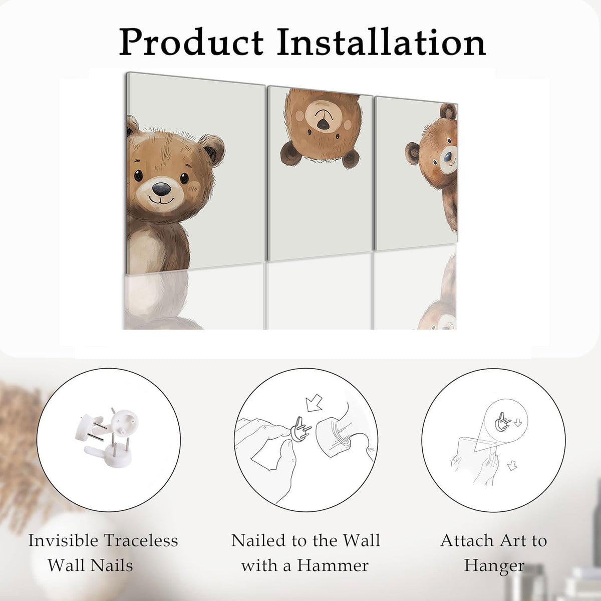 3 Piece Baby Bear Canvas Wall Art Nursery Funny Animal Wall Art Cute Bear Pictures Wall Decor Kids Baby Boy Animal Art Prints for Children's Room Bedroom 12"X16" Framed (Teddy bear / 12x16in)