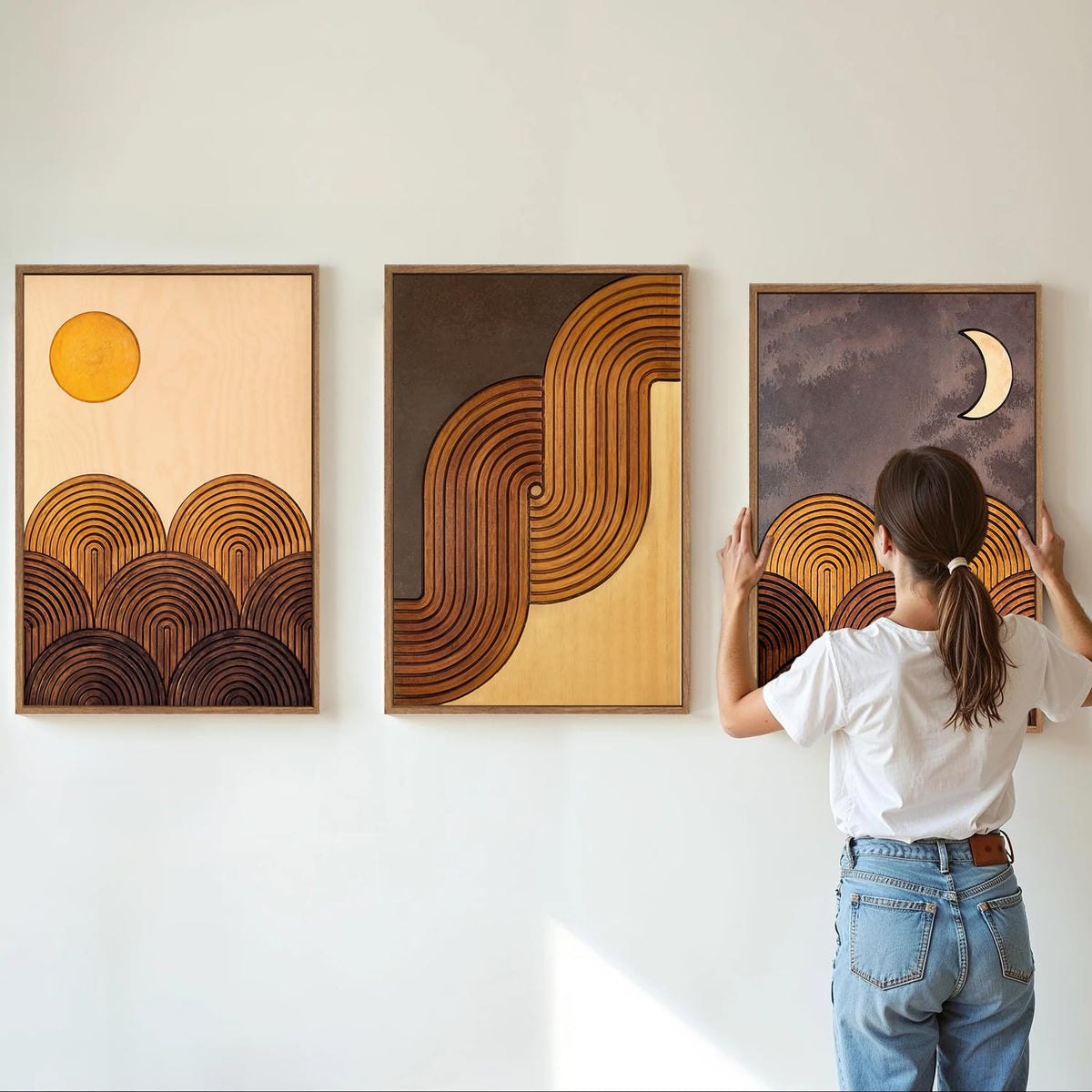 Mid Century Modern Framed Canvas Wall Art Set (Sun and Moon / 36"L x 24"W)