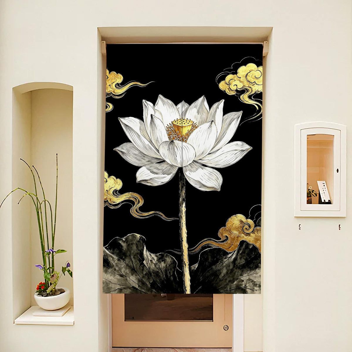 Lotus Noren Curtain (Black White / 28.3"W x 59"L (Pack of 1))