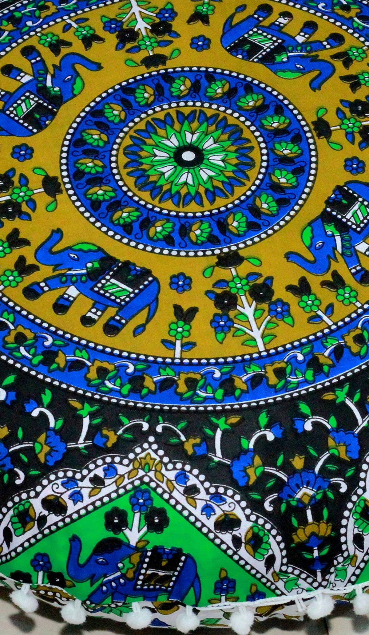 Round Mandala Floor Pillow Cover Seating Cushion Throw Cover Ottoman Pouf Cover Pom Pom Pillow Cases Hippie Decorative Bohemian Boho Indian 22 Inches (Green Blue)