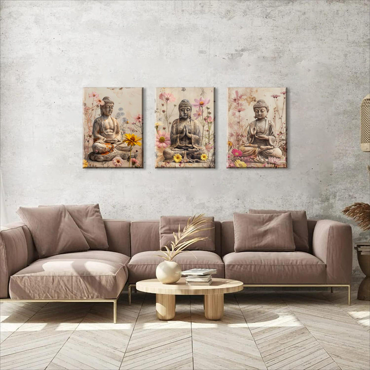 3Pcs Buddha Statue Daisy Floral Accents Canvas Art Floral Buddha Zen Meditation Decor Spiritual Wall Art for Home Ready to Hang Spiritual Zen Decor Peaceful Meditation Art for Living Room (12"L x 16"W / Buddha&Daisy)