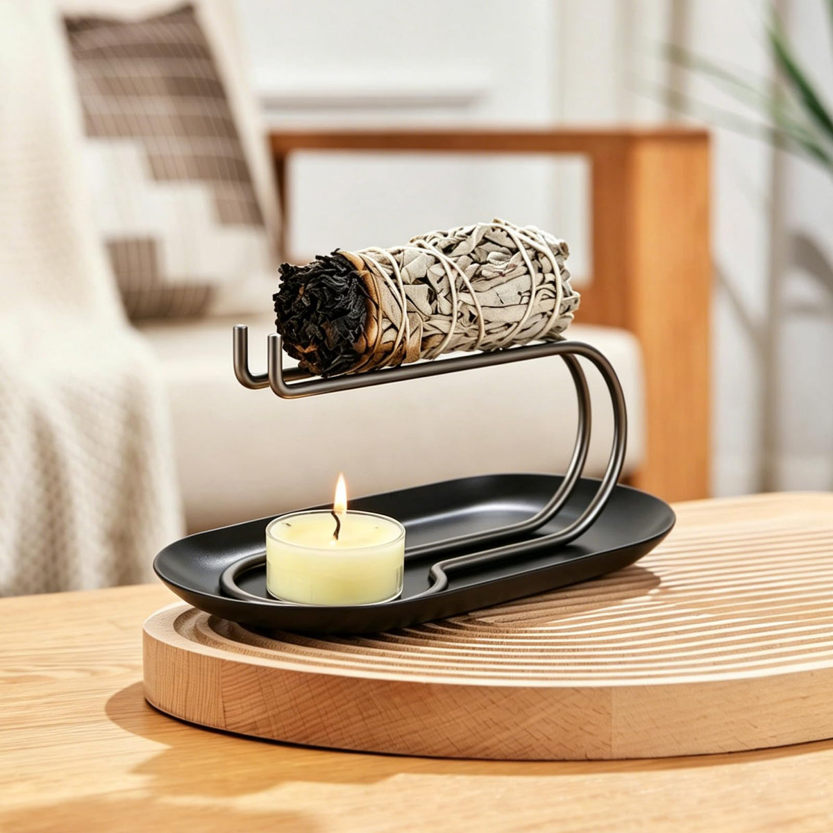 Stainless Steel Sage Holder with Ash Catcher Tray (Gray Stand + Black Plate)