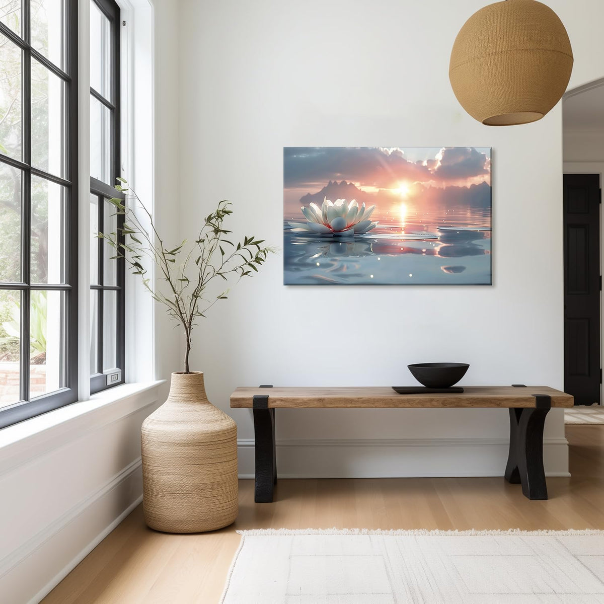 Zen White Lotus Wall Art Sunrise Meditation Canvas Wall Decor Spa Yoga Still Life Painting Prints Relaxing Spiritual Just Breathe Aesthetic Posters Pictures Modern Spiritual Inspiration Framed (12"L x 16"W / Canvas)