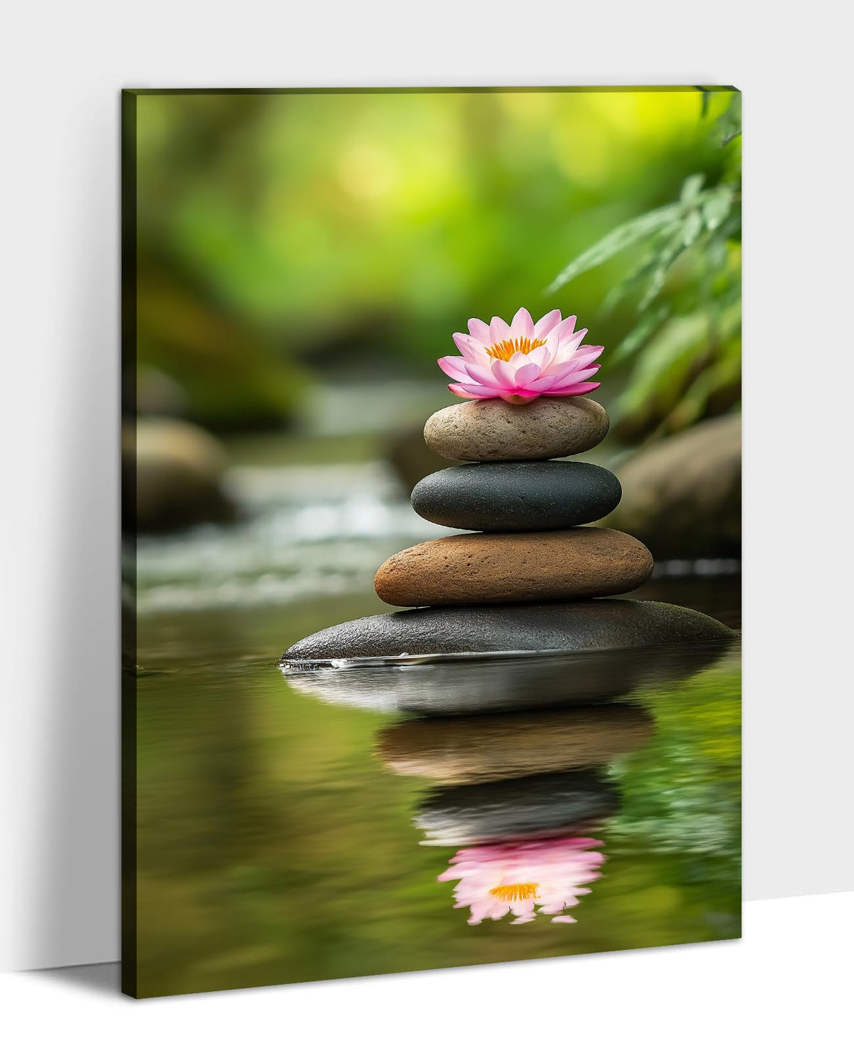 Zen Wall Art Pink Lotus and Spa Stones Picture Meditation Nature Canvas Prints Spiritual Artwork for Bathroom Living Room Office Decor Framed (18"L x 12"W / B - Zen)