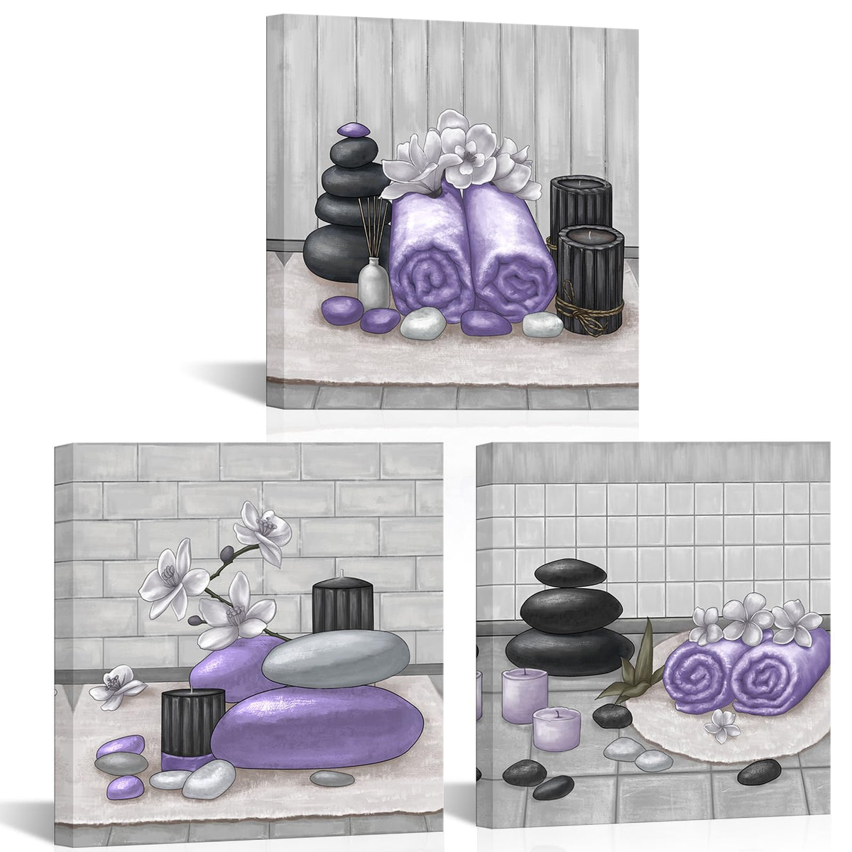 Spa Canvas Wall Art Purple Bathroom Decor Lavender and Grey Zen Stone Orchid Picture Painting Still Life Prints for Bathroom Zen Meditation Room Framed 12"x12" for Each (purple)