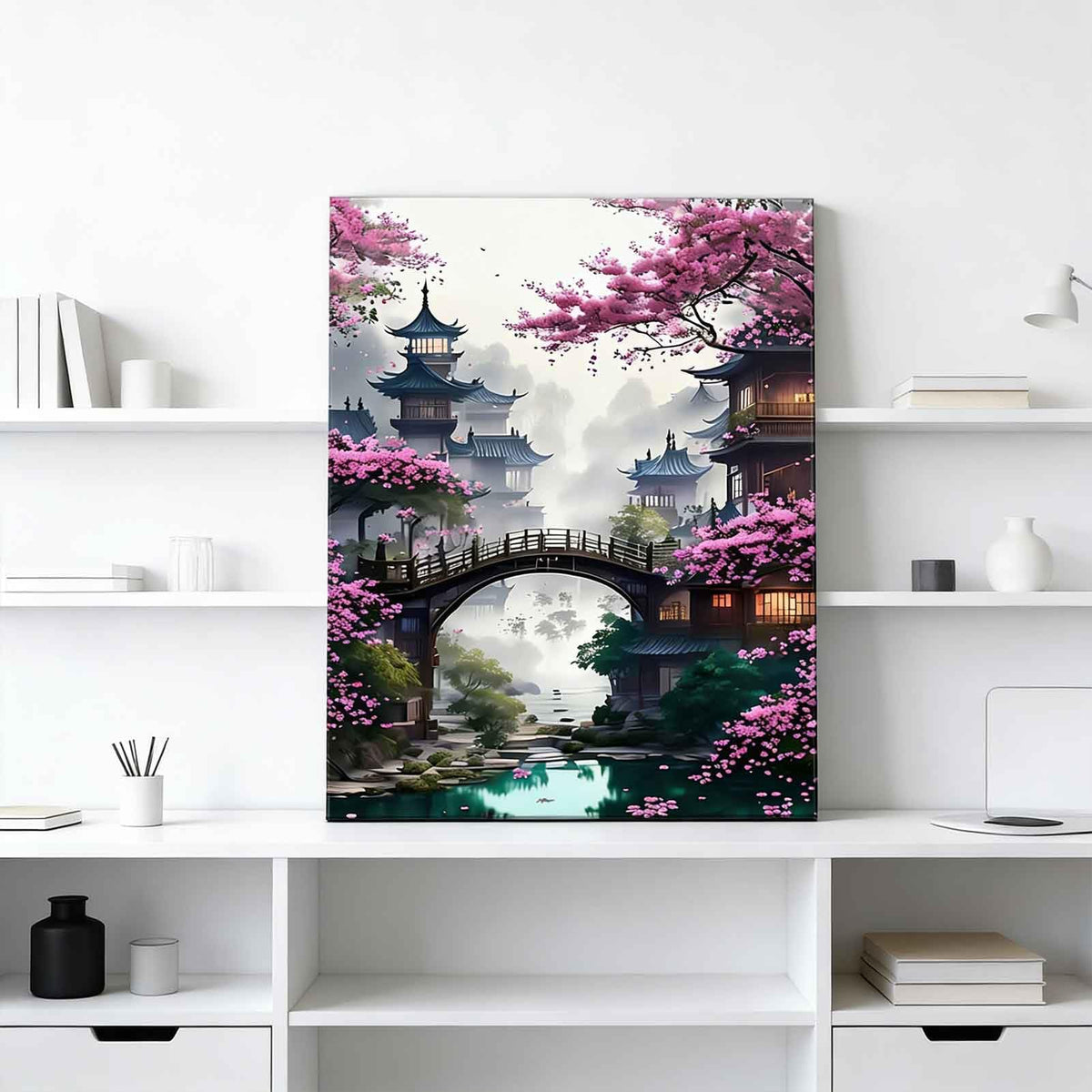Eastern Zen Cherry Blossom Canvas Wall Art Japanese Ancient Architecture Decor Painting Picture Tokyo Anime Scene Posters Prints for Living room Hotel Bedroom Study Home Decoration (Japan / 24"L x 16"W)