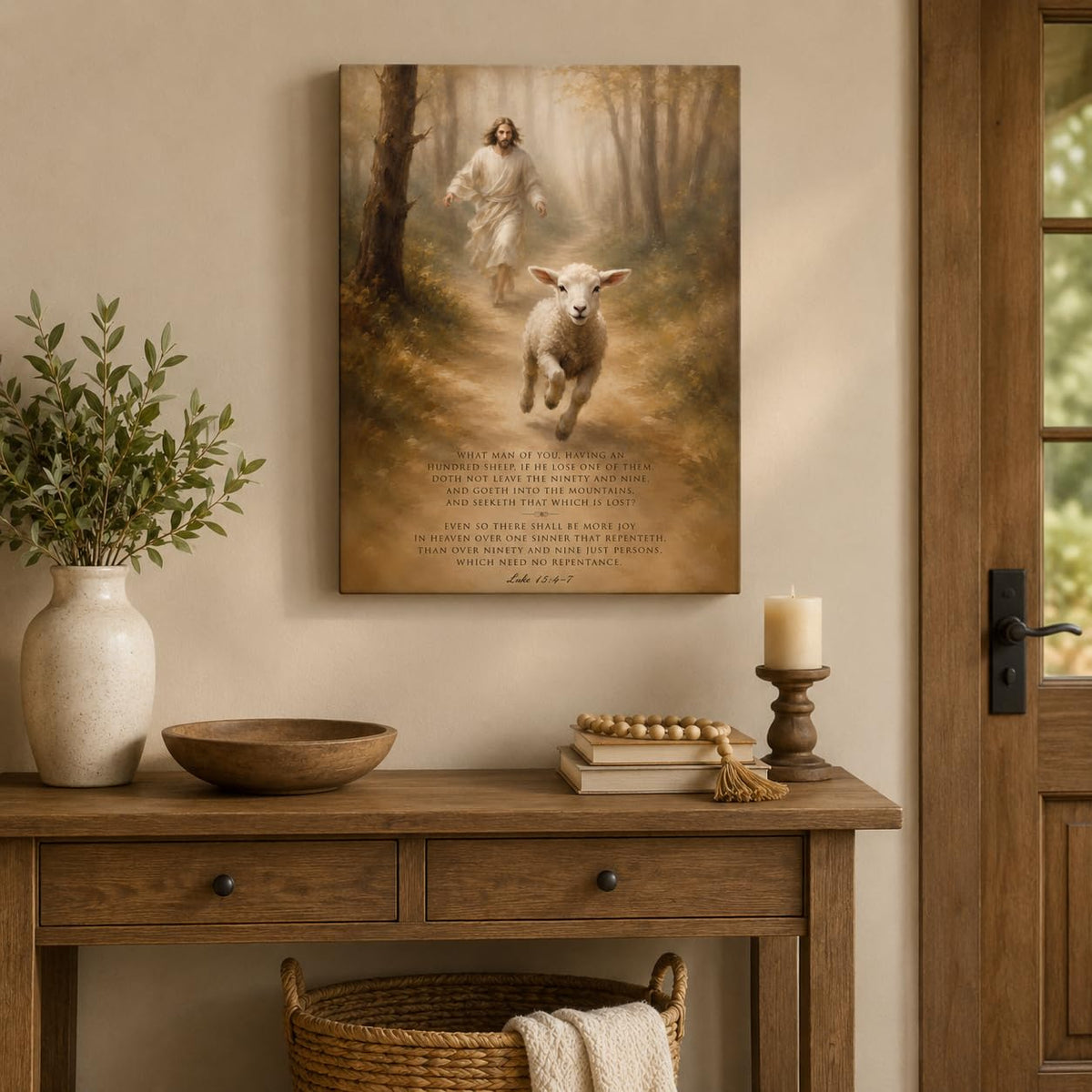 Jesus Lost Sheep Framed Canvas Wall Art Christian Faith Decor 12x16 Inches (Good Shepherd / 16"L x 12"W)