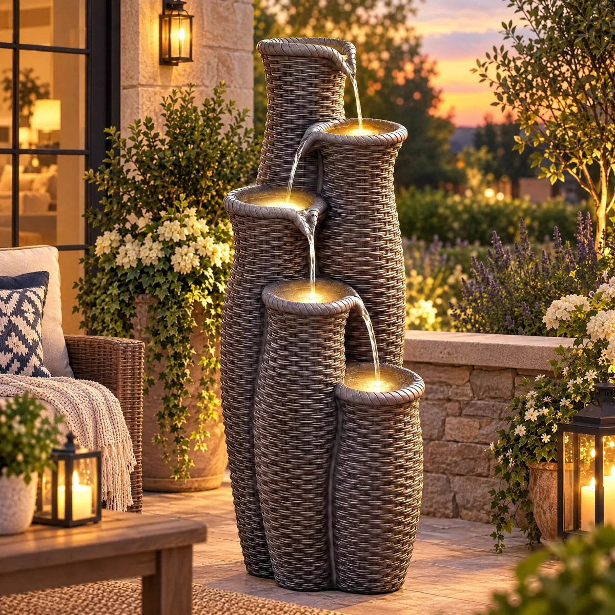 AUTODAYA 33" H Outdoor Water Fountain (Light Gray Faux Rattan 33"h)