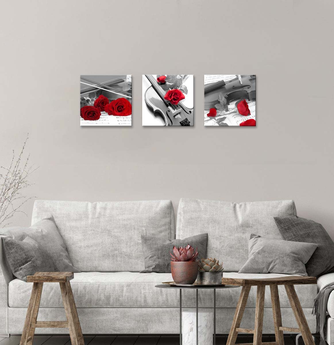 Canvas Print 3 Pcs Black and White Red Rose Canvas Art Painting Abstract Wall Art Decorations Flower Picture on Canvas for Home Decor Stretched and Framed (20 x 20 inches (3-Piece Set) / Violin and Rose)