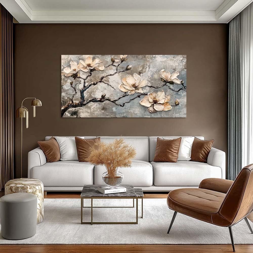 White Magnolia Canvas Wall Art Floral Branch Painting Grey Abstract Faux Texture Flat Print Gallery Wrapped Artwork for Living Room Bedroom Bathroom Decor (Bohemian / White Magnolia Blossoms 4 / 46"L x 23"W)