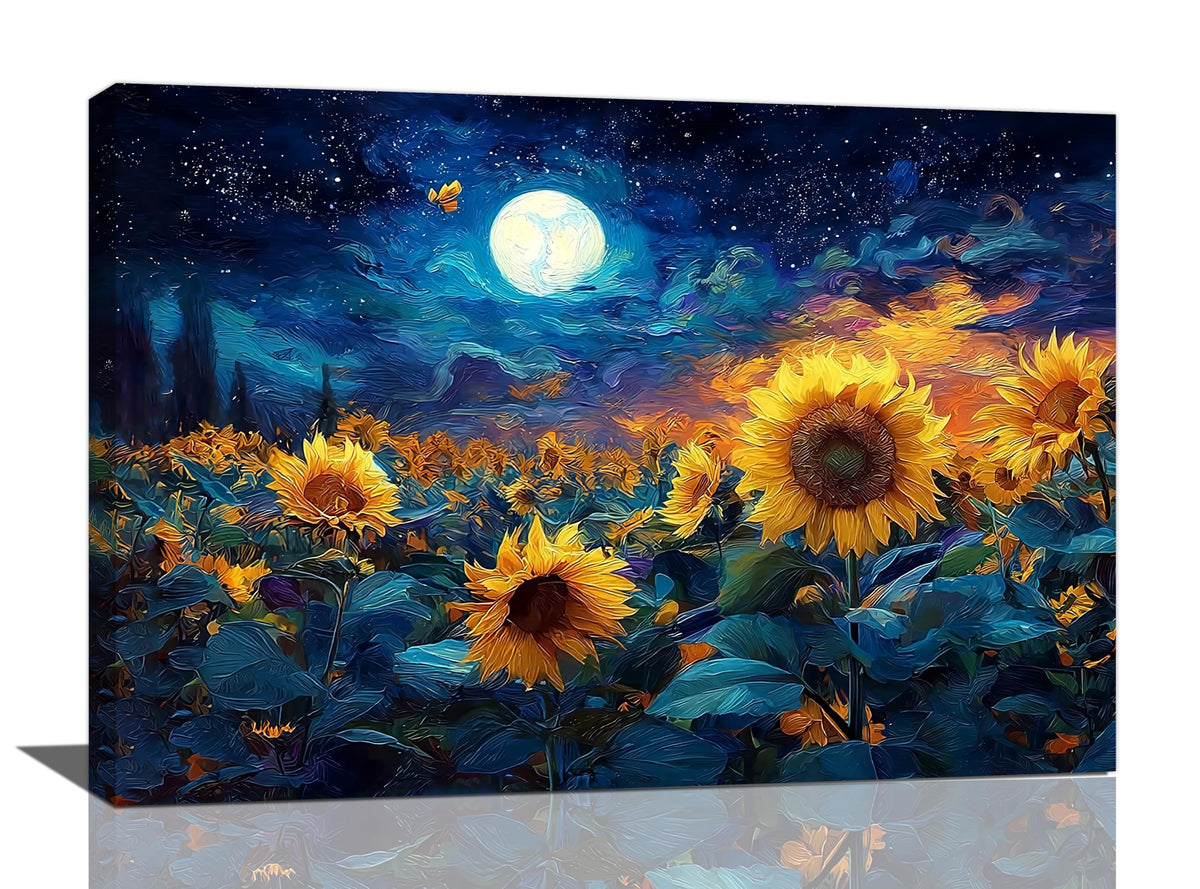 Sunflower Canvas Wall Art Starry Night Pictures Painting Yellow Floral Wall Decor Prints Framed Artwork Decoration for Living Room Bedroom Bathroom Dining Room Office 16"x24" (Sunflower / 24"L x 16"W)