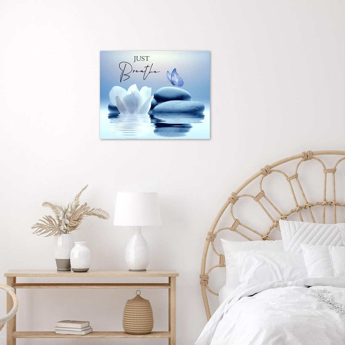 Zen Wall Art for Bathroom Butterfly and White Water Lily Flower on Blue Canvas Wall Art Wall Paintings Home Decor Modern Wall Pictures for Living Room Bedroom Office Ready To Hang (Blue / 16"L x 20"W)