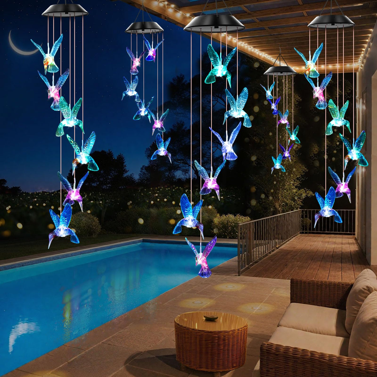 Blue Hummingbird Solar Wind Chimes Color Changing Lights Outdoor