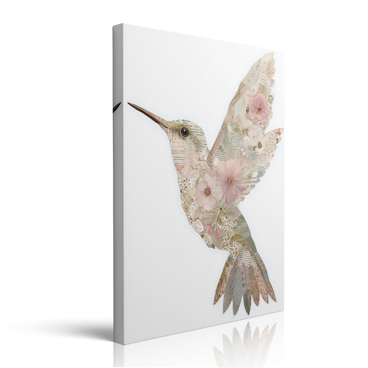 Romantic Hummingbird Art Vintage Style Framed Collage Wall Decor Made from Floral Illustrations & Lace in Soft Pink Cream Sage Green Tones Nature Themed Artwork for Living Room 16x24 Inches (Hummingbird / 24"L x 16"W)