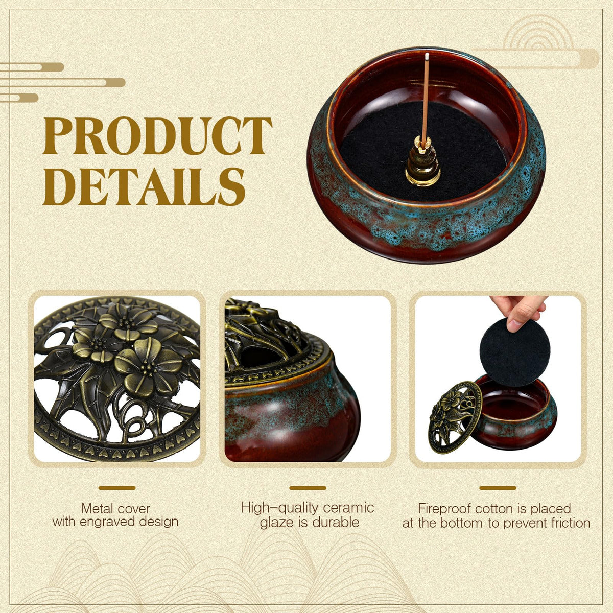 4 Pcs Ceramic Incense Burner with Copper Lid Metal Incense Holder Lotus Cone Burner for Sandalwood Palo Santo Sage Cones Meditation Yoga Spa Gifts Room Decor (Blue)