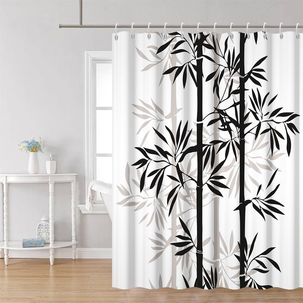 Black Grey Bamboo Shower Curtain Asian Chinese Bamboo Bathroom Curtains Oriental Chinese Ink Painting Classic Art Shower Curtain Washable Waterproof Fabric Bathroom Decoration 72x84 Inch (72"W x 84"L (Pack of 1) / White-59)