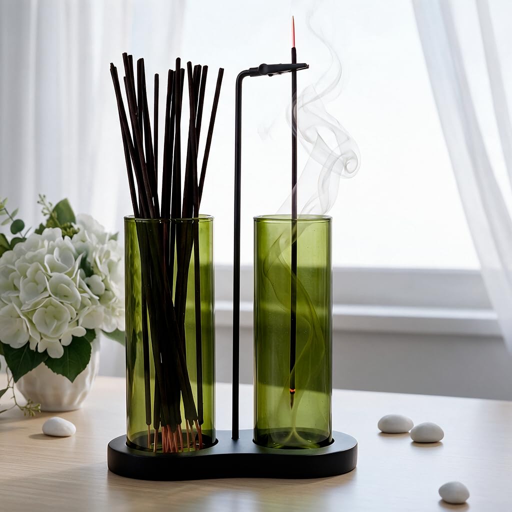 Incense Holder for Sticks Upside Down Hanging Incense Burner with Removable Glass Ash Catcher and Wooden Base (Green)