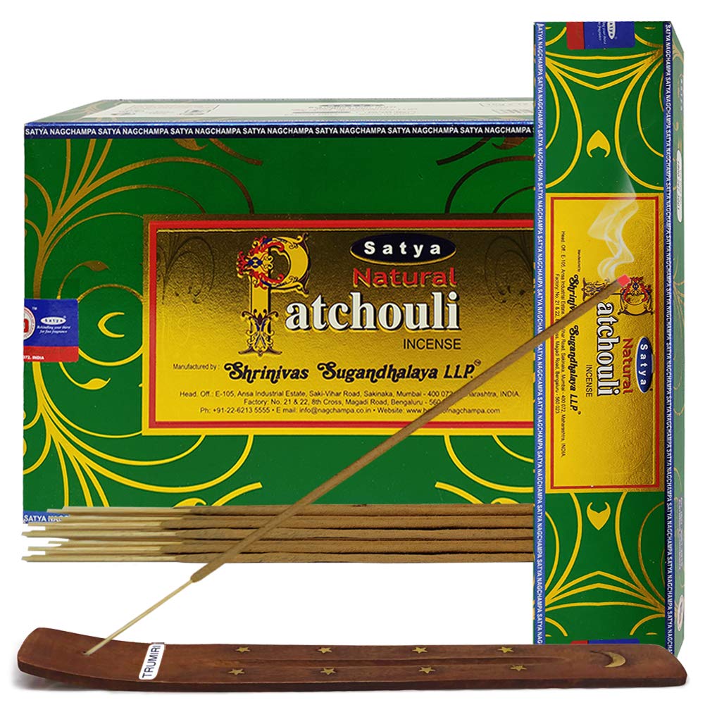 Natural Patchouli Incense Sticks and Incense Stick Holder Bundle Insence Insense Satya Incense (Natural Patchouli 15g - Pack of 12)