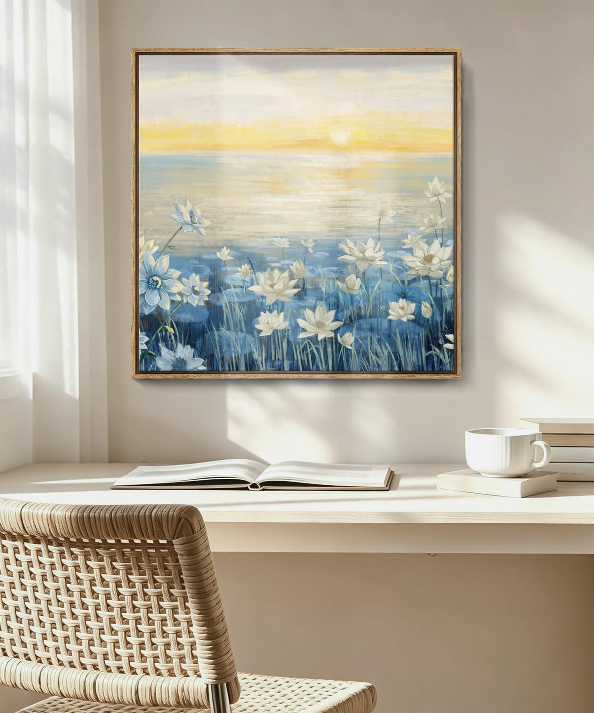 Bathroom Decor Wall Art Framed Canvas Wall Art Modern Beach Coastal Floral Sunset Boho Ocean Artwork Blue Yellow Lotus Flower Zen Wall Picture for Bedroom Kitchen Office Small (Sunrise Wall Art / 13.5"L x 13.5"W)