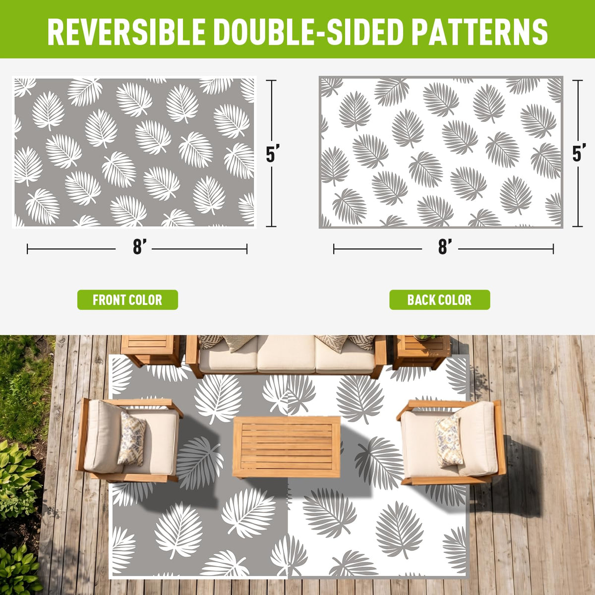 Outdoor Rug 5x8 ft Waterproof plastic Mat For RV Backyard Deck Patio Grey (Palm Frond / 5x8 Feet)