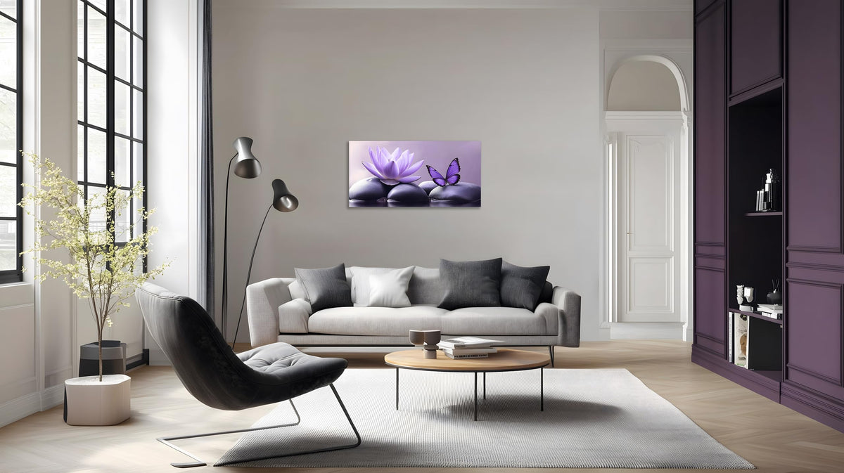1 Panel Purple Canvas Wall Art Purple Pictures Spa Stone with Water Lily Butterfly on the Water Pictures Poster Zen Wall Art for Living Room Bedroom Ready to Hang (24"L x 12"W / Purple Zen 2)