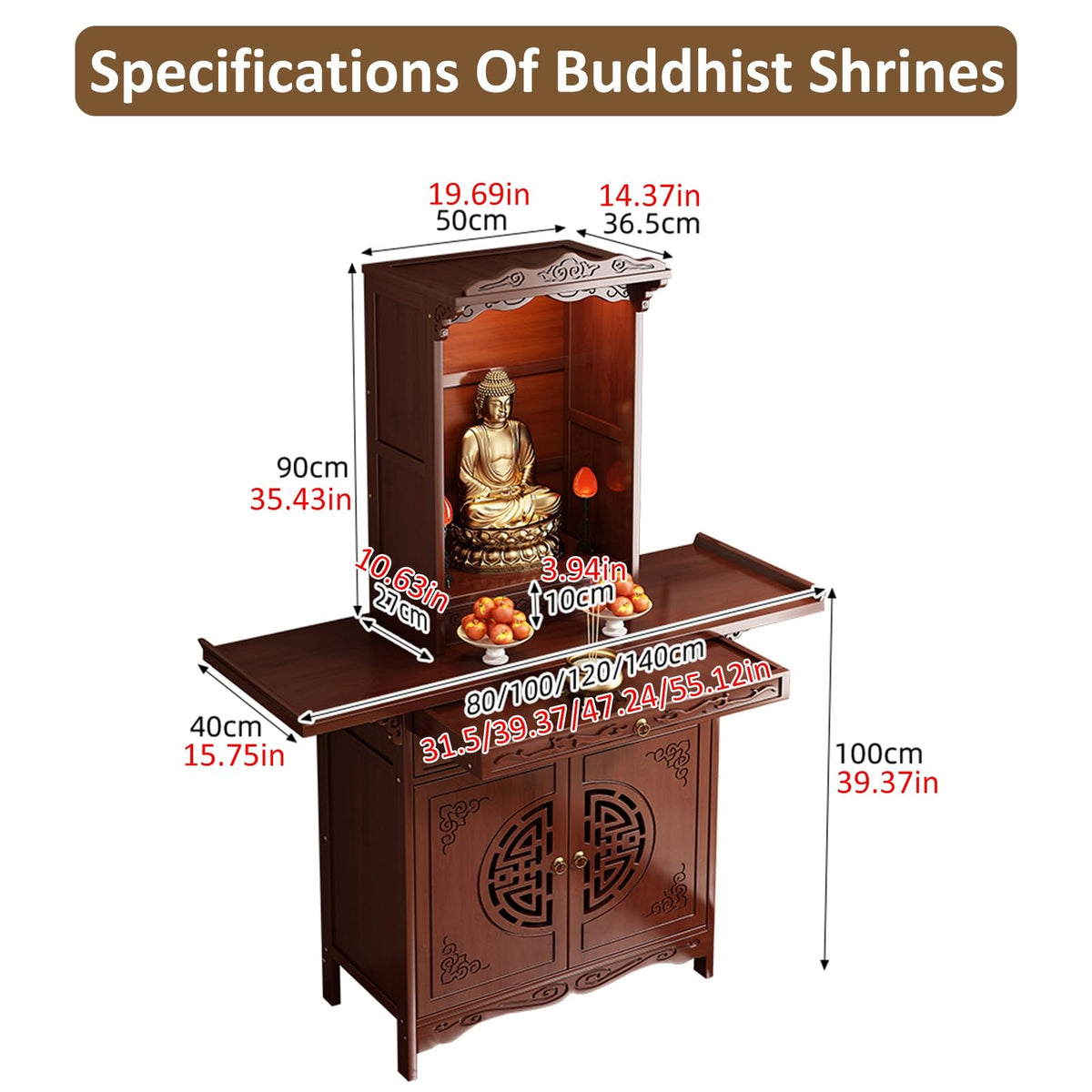 Personal Shrine Altar Table Buddhist Pooja Cabinet Altar Table Multifunctional Chinese Buddha Niche Chinese Cabinet with Drawers and Storage for Family Worship Use (47.24x15.75x74.8in)