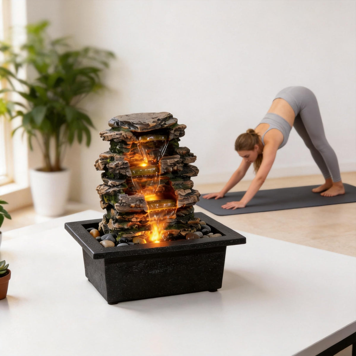 Tabletop Waterfall Fountain with LED Light (Gray)