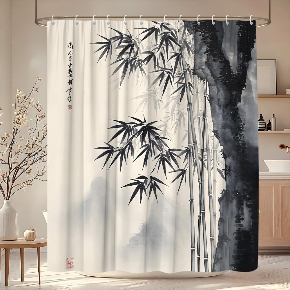 Bamboo Shower Curtain Japanese Mountain Traditional Asian Style with Black and White Ink Painting Oriental Zen Bathroom Decor Polyester Curtains with Hooks (Grey / 82"W x 70"L (Pack of 1))