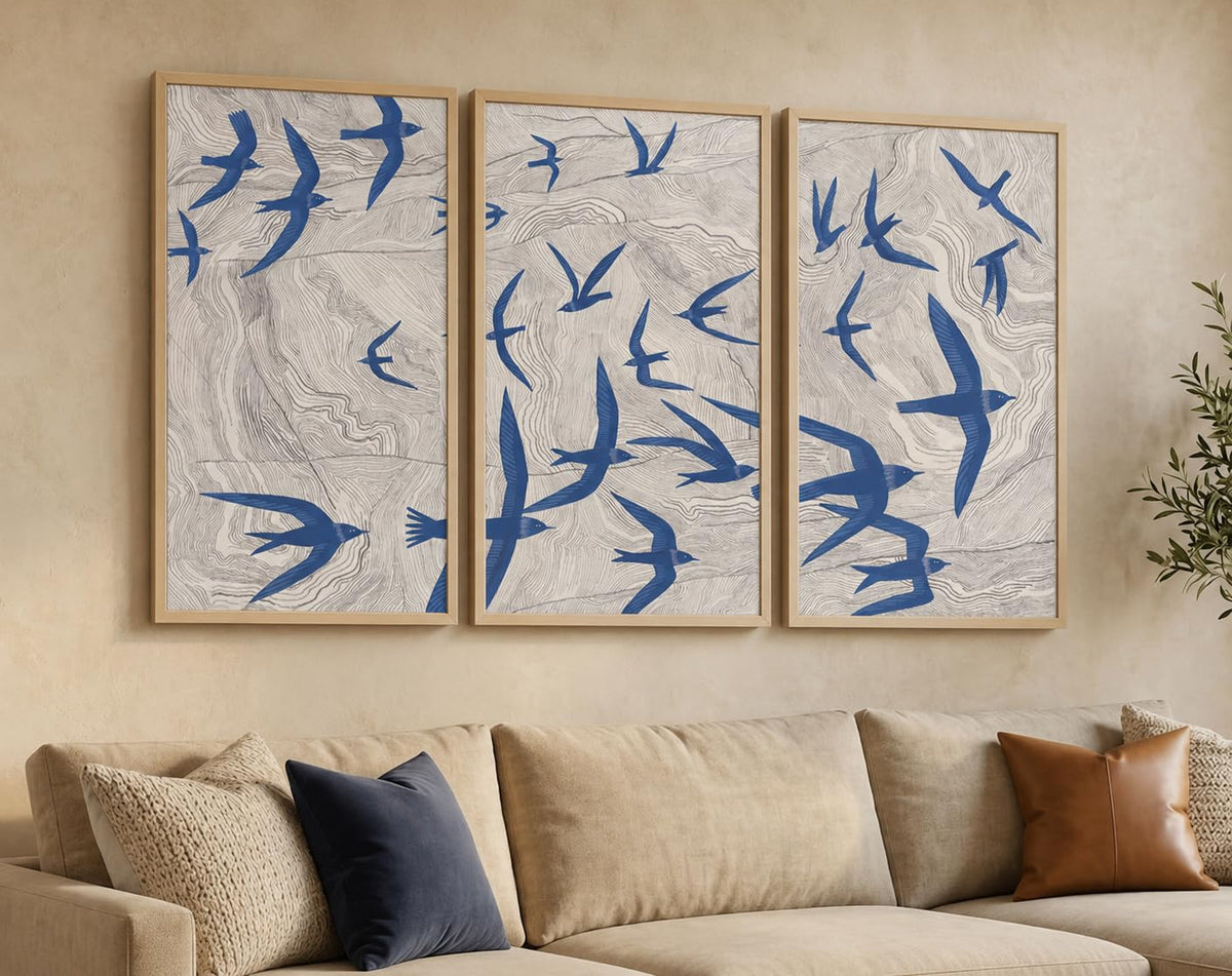 Abstract Blue Bird Wall Art Japandi Texture Flying Bird Canvas Print (Blue Swallows / 16 X 24 Inches)