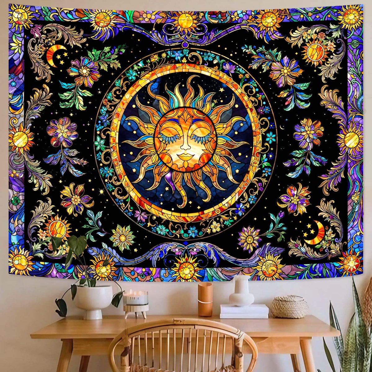Sun Tapestry Stained Glass Tapestry Wall Decor Tapestries for Bedroom Boho Tapestries Wall Hanging for Bedroom Living Room Glass (Yellow Black / 90"L x 70"W)