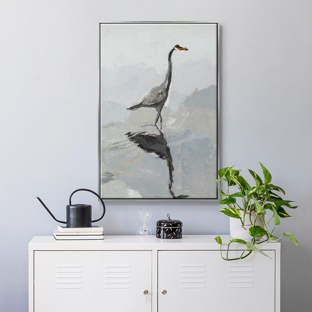 Abstract Nature Art Silver Floater Frame Home Prints Heron Bird in Water Canvas Wall Paintings for Bedroom Classroom Office (37"L x 25"W / Heron)