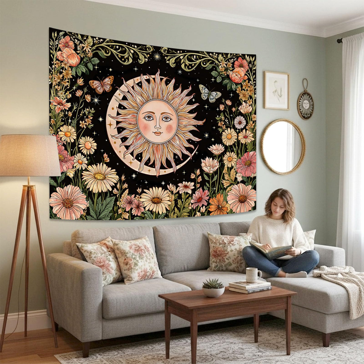 Boho Sun and Moon Vintage Daisy Floral Tapestry 80 x 60 Inch (Black Sun Daisy / 80"L x 60"W)