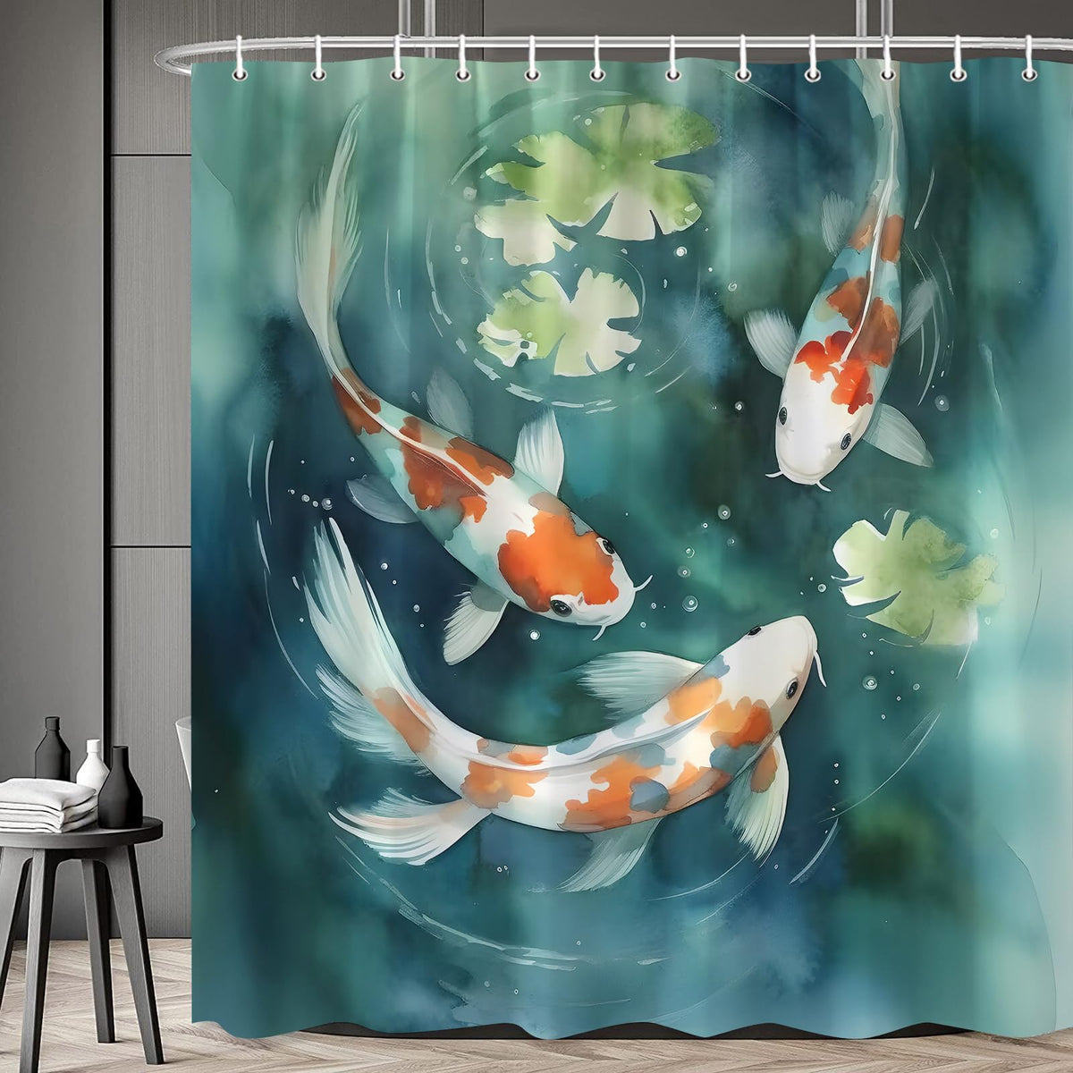 Japanese Fishes Shower Curtain Asian Chinese Zen Garden 108 x 70 in (Green Orange / 108"W x 70"L (Pack of 1))