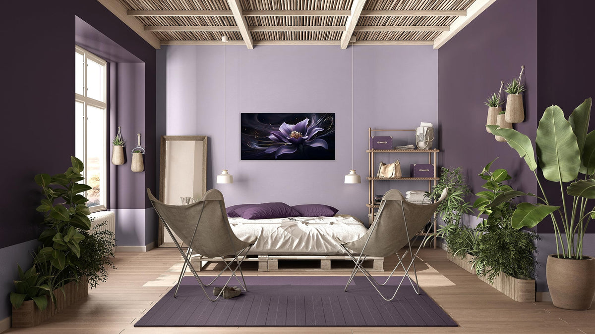 1 Panel Wall Art Purple Canvas Wall Art Purple Abstract Flower with Black Swirls Picture Print on Canvas Flower Picture for Bedroom Home Decor Living Room Stretched and Framed 20x40 inch (40"L x 20"W / Purple Flower 5)