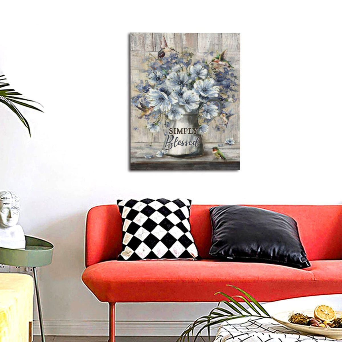 Flower Bathroom Wall Art Farmhouse Flower Pictures Wall Decor Rustic Blue Floral Hummingbird Canvas Painting Prints Modern Artwork Home Decoration for Bathroom Bedroom Living Room 20"x16" (Simply Blessed / 20"L x 16"W)