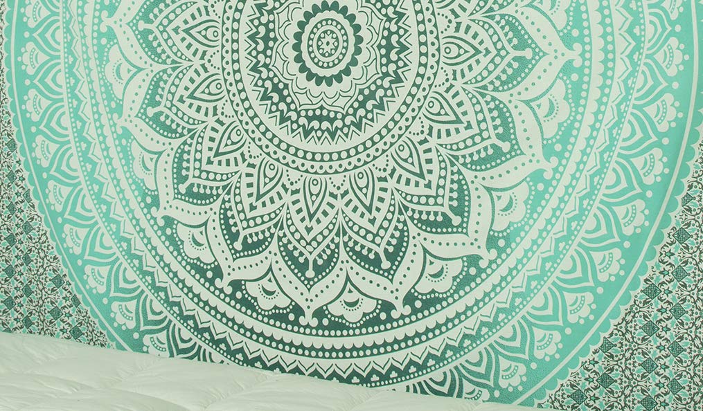 Tapestry Wall Hanging Hippie Ombre Mandala Bohemian Hippy Intricate Indian Tapestries Bedspread 84 x 90 Inches (90.6"L x 84.7"W / Grey Geen)