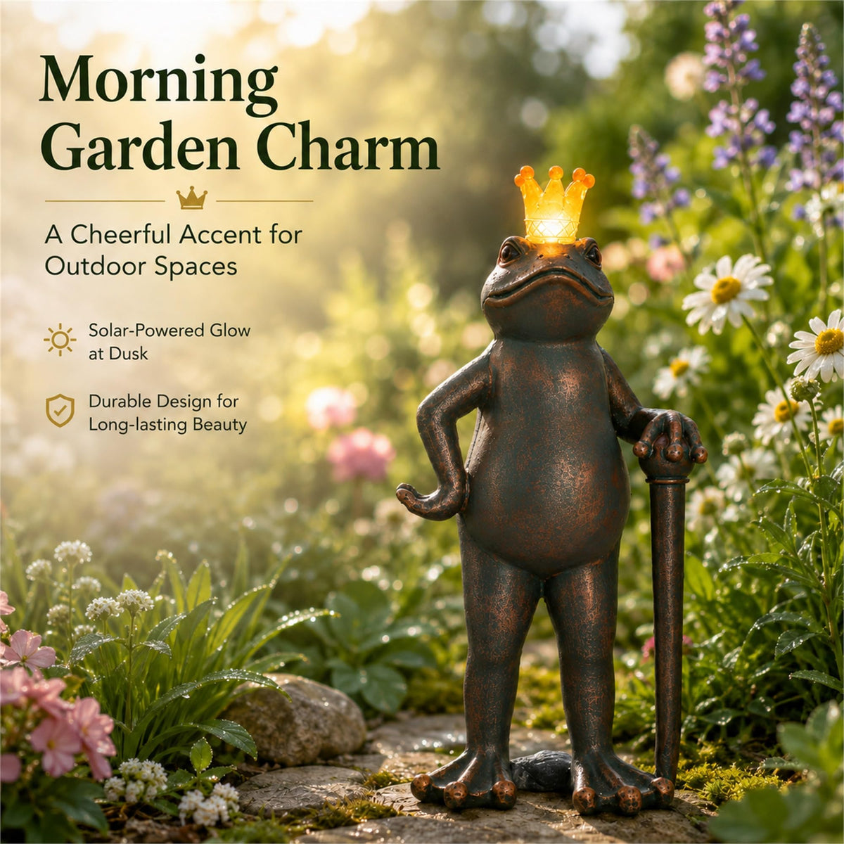 Solar Funny Frog Prince Garden Statue Outdoor Decor (Copper)