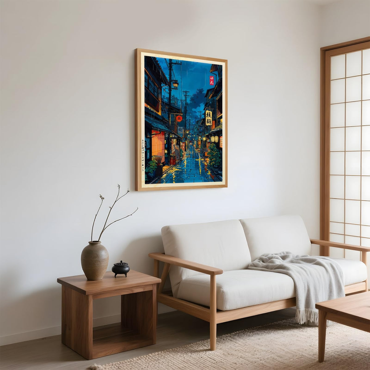 Japanese Tokyo Tea House Wall Art Poster Kyoto Night Street Art Canvas Print Retro Japan Illustration Wall Decor Vintage Urban Street Scene for Bedroom Living Room Aesthetic 12x18inch Wood Frame (12"L x 18"W / style-1 Wood Frame)