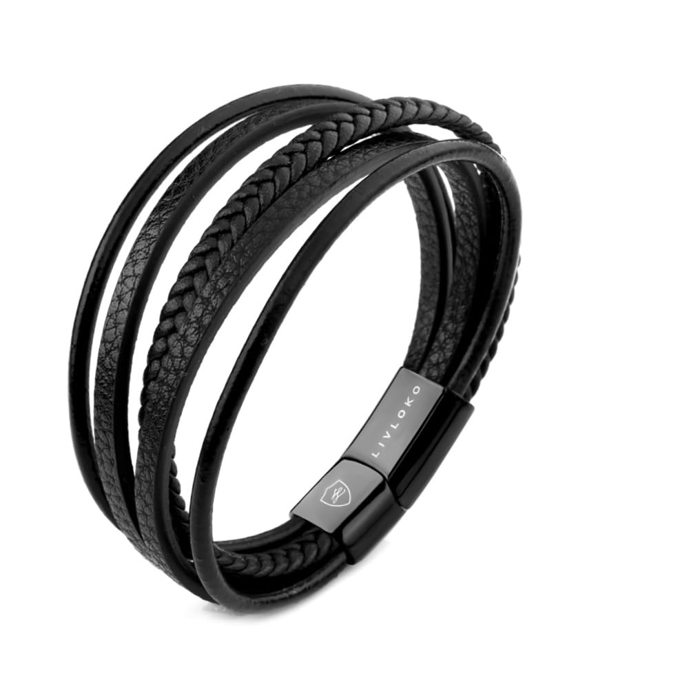 Mens Bracelet Leather Black Multi (C. Black Leather Adjustable / 8 IN (Fits Most Men))