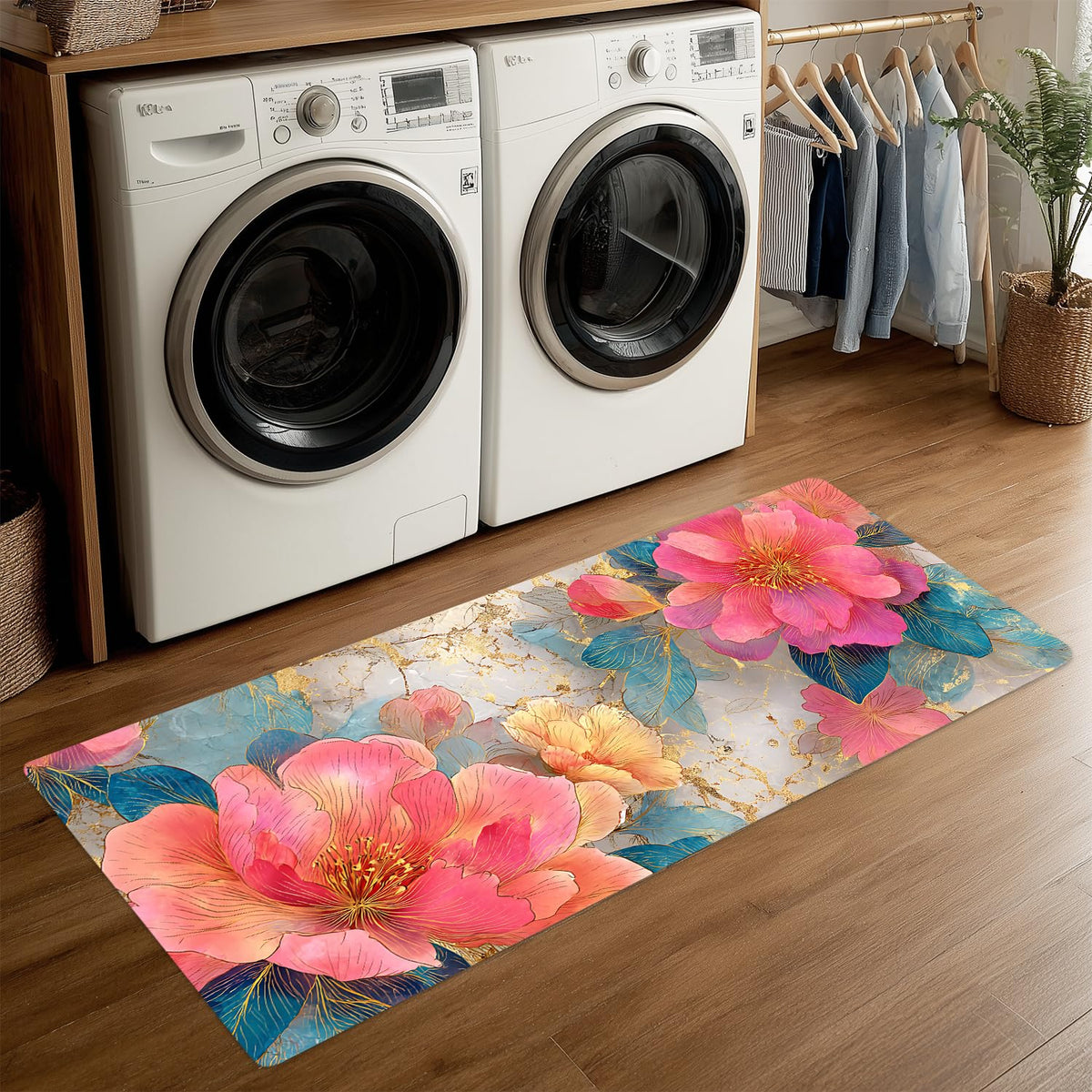 Pink Peony Laundry Room Rug 20x47 Inch (#43)