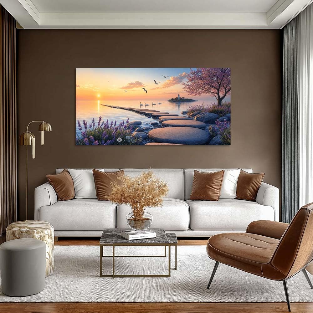 Tranquil Sunset Seascape Canvas Wall Art Stepping Stones to Island Lighthouse Painting Flat Print Spring Cherry Blossom Lavender Picture Gallery Wrapped Artwork for Living Room Bedroom Bathroom Decor (Coastal / Lavender Lighthouse Sea 38 / 46"L x 23"W)