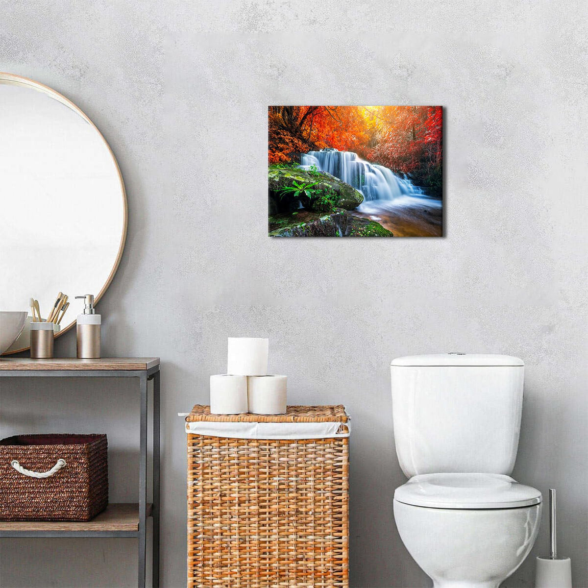 Waterfall Wall Art Fall Forest Landscape Pictures for Bathroom Decor Autumn Red Trees Canvas Prints Nature Woodland Mountain Scenic Painting Artwork for Bedroom Living Room Home Decoration 12x16" (16"L x 12"W / Autumn Waterfall)