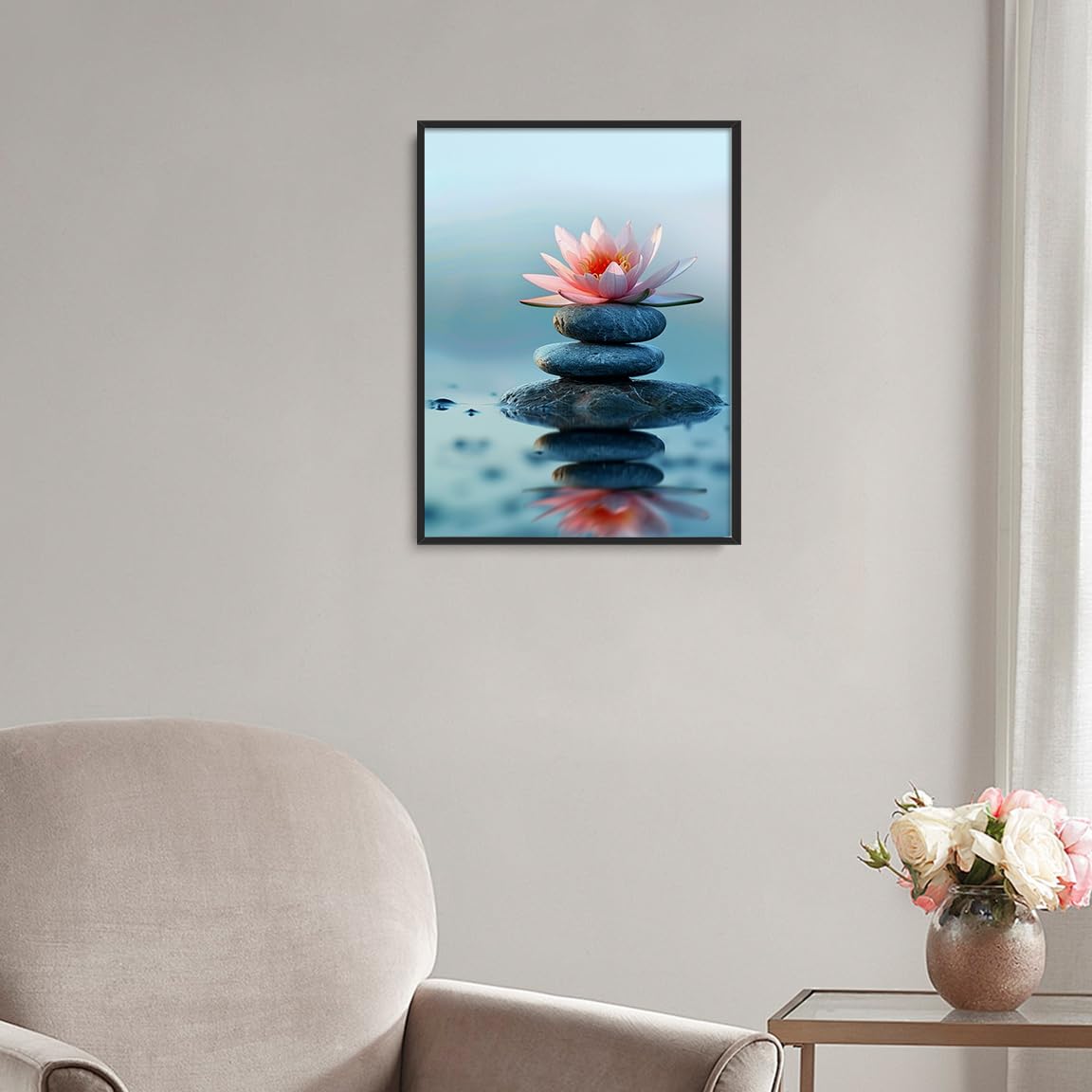 Zen Lotus Flower and Stones Wall Art (Black Aluminum Frame-8 / 11"L x 14"W)