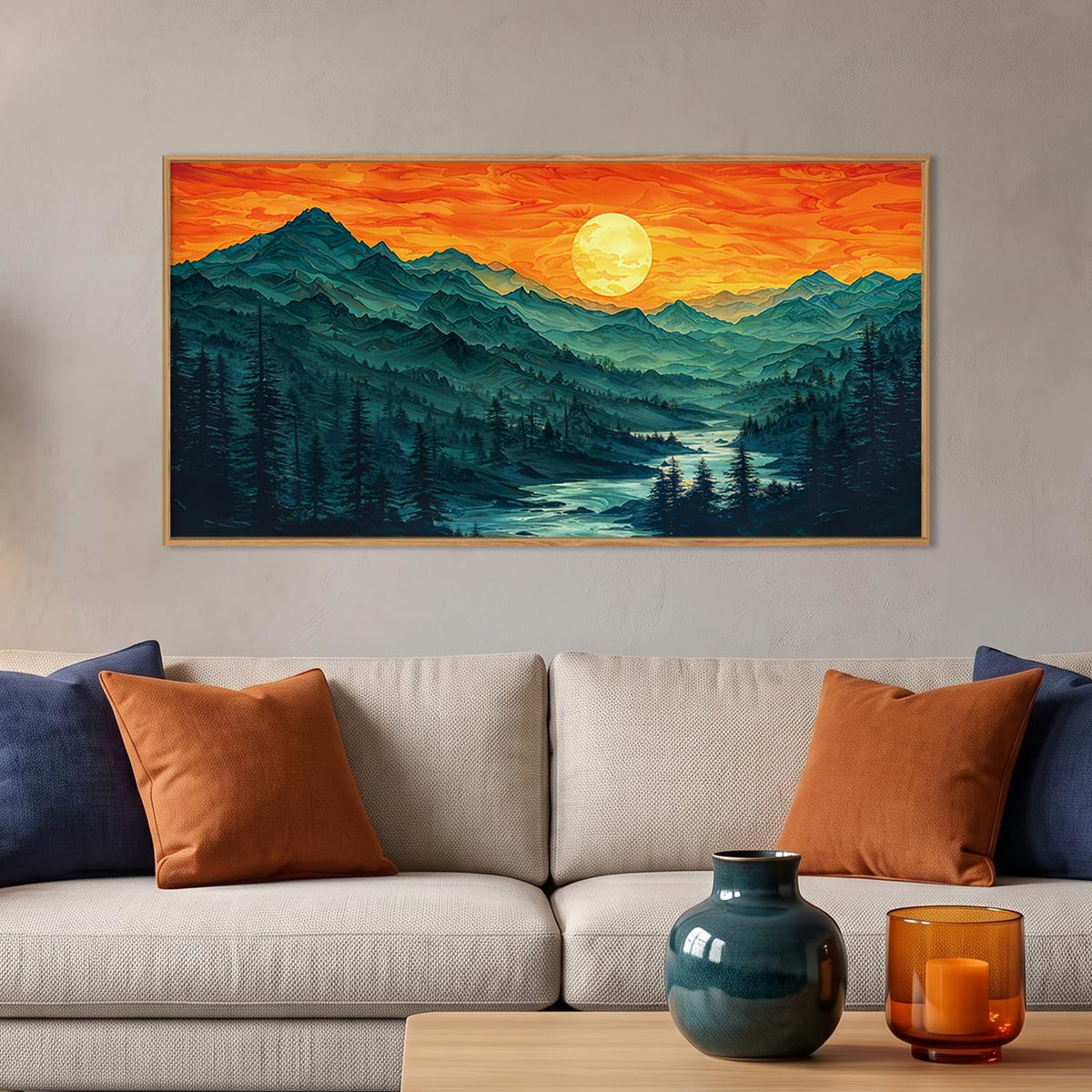 Boho Mountain Sunset Landscape Framed Canvas Wall Art (Woodland Wall Art / 40"L x 20"W)