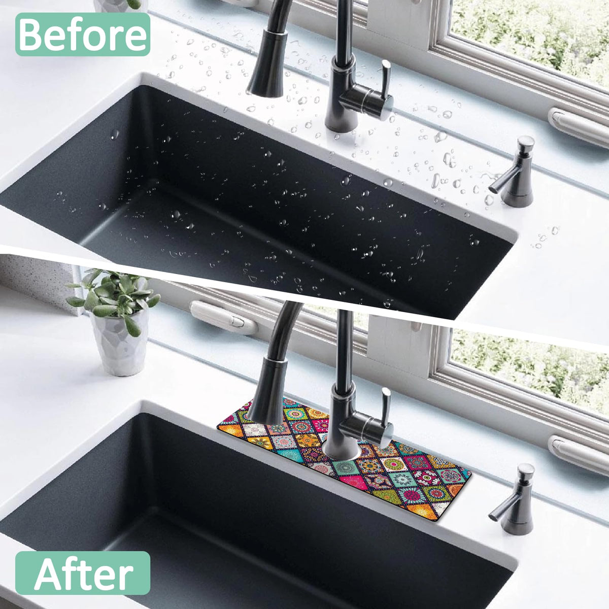 2 Pack 2 Pack Kitchen Sink Splash Guard Faucet Mat 15" X 5.5" Mandala Absorbent Fast Drying Mat Faucet Draining Mat Sink Splash Guard Behind Faucet Drip Catcher for Kitchen Bathroom (15*5.5inx2 / check)