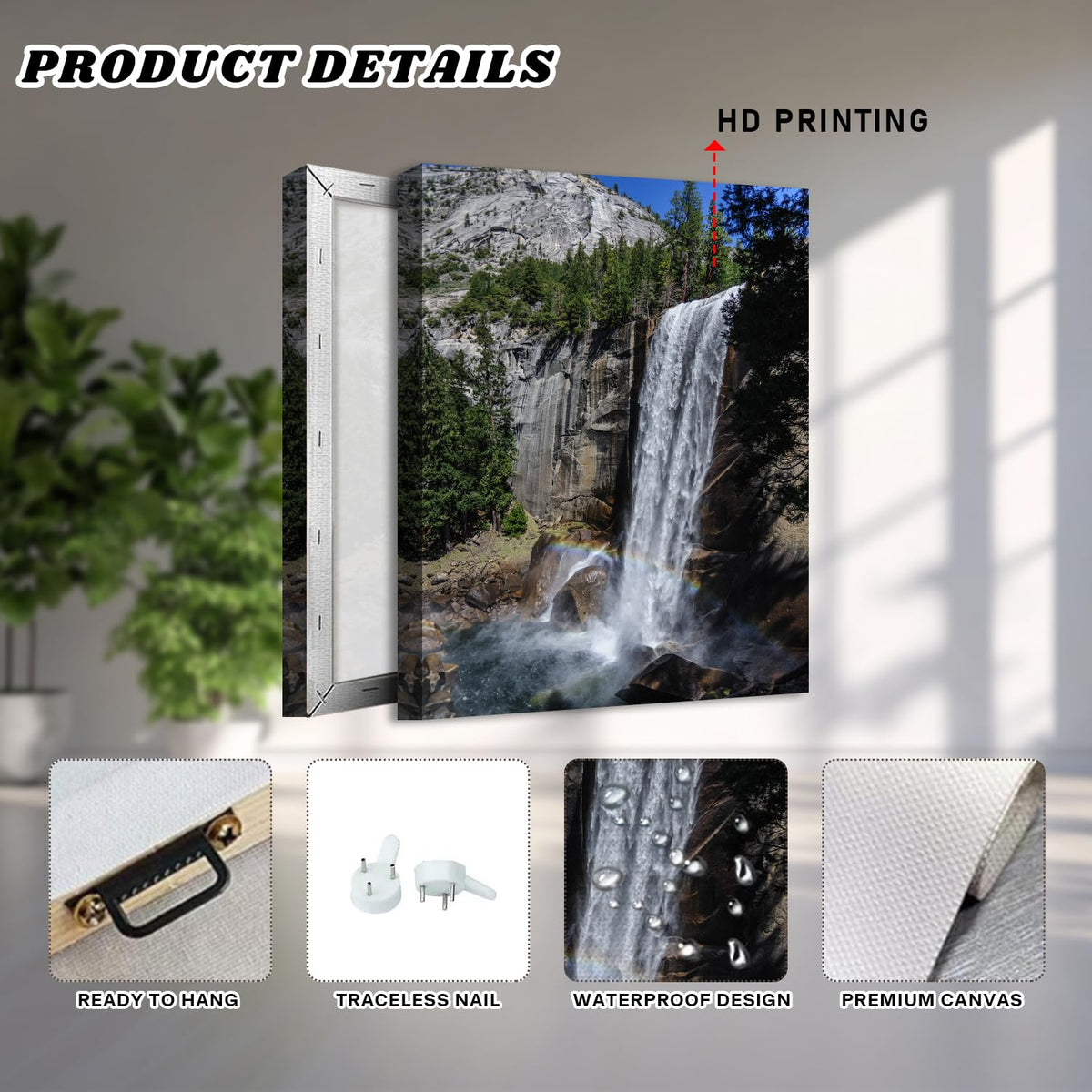 Waterfall Wall Art Nautre Landscape Canvas Pictures Yosemite National Park Posters Mountain Forest Tree Painting Prints Modern Zen Botanical Aesthetic Canvas Artwork for Bedroom Home Decorations 12x16" (16"L x 12"W / Rainbow)